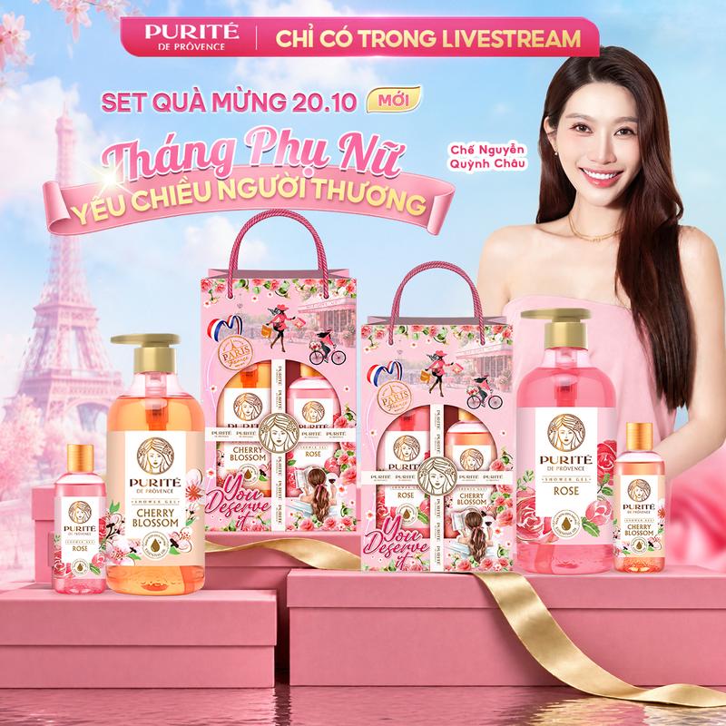 [Túi Quà] Sữa Tắm Purité Anh Đào/Hoa Hồng/Mẫu Đơn/Tinh Dầu Thơm/Oải Hương 850ML Tặng Sữa Tắm Anh Đào/Hoa Hồng 250ML