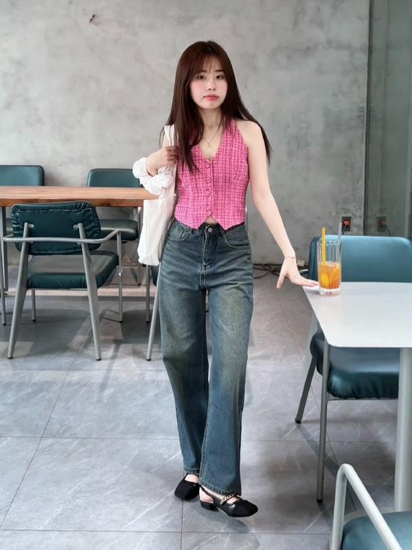 Quần Jean Suông Trơn Basic Nữ Cạp Cao Leda Nấm Lùn 95cm