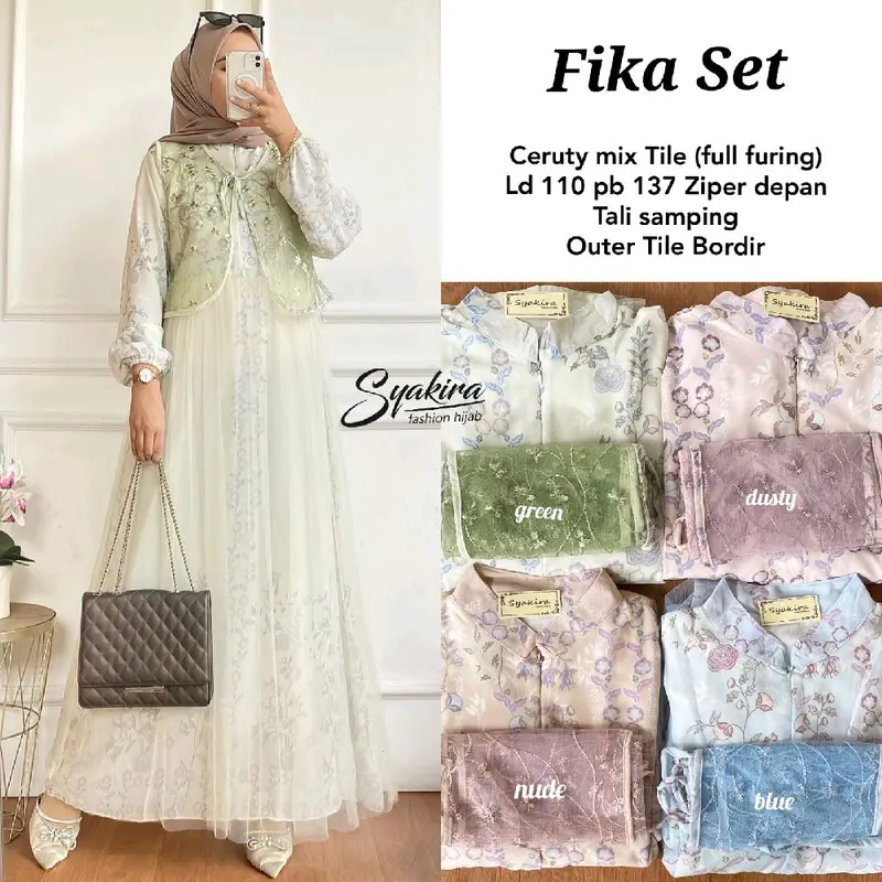Fika set ceruty mix tille full furing gamis outer tille bordir gamis lebaran terbaru wanita  Muslim 2