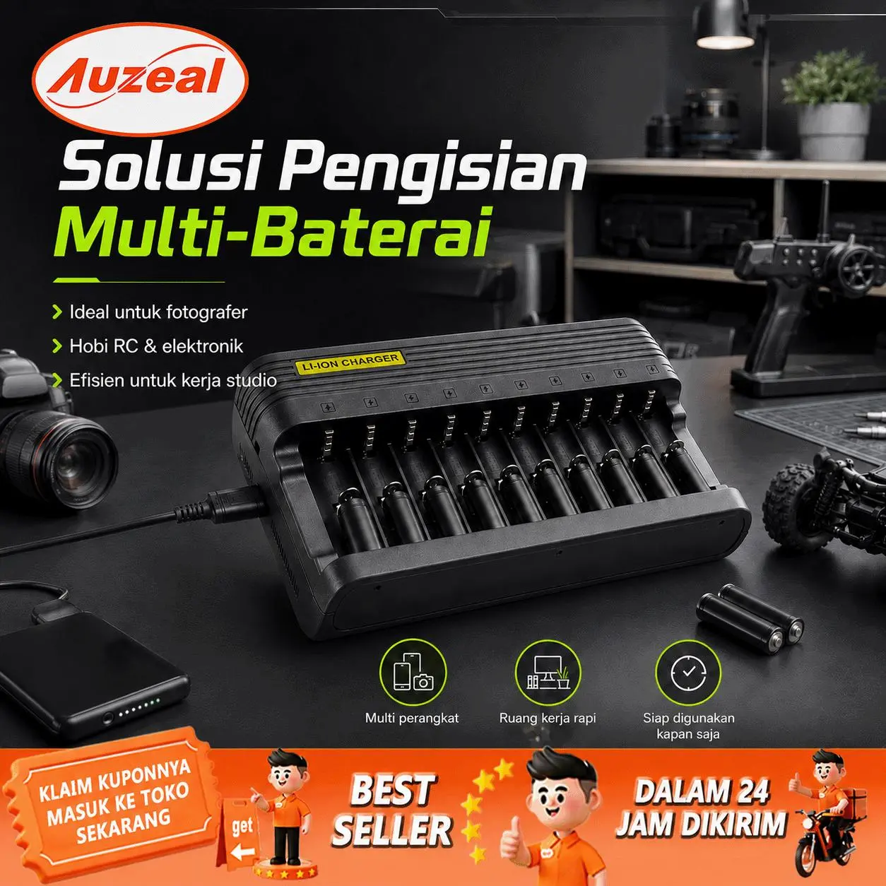 Auzeal Smart Charger 10 Slot Independen Isi Daya Cepat Tanpa Menunggu Lama Cocok Teknisi Servis Radio HT Komunikasi Lapangan
