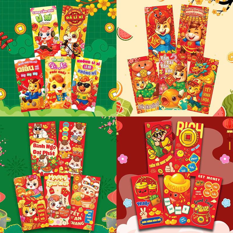 Bao Lì Xì Tết 2026 Set 100 Cái Chất Liệu Giấy C150 Dày Loại 1 Kích Thước 16x8cm Nắp 1.5cm Phong Bao Lì Xì Tết 2026 Mẫu Đa Dạng Chất Lượng Tốt