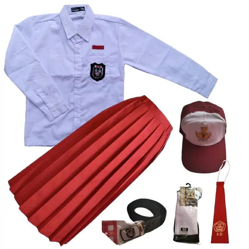 Setelan Seragam Sd BAJU PUTIH PANJANG DAN ROK MERAH PANJANG Untuk Anak Perempuan Kelas 1-6 Fashion 2