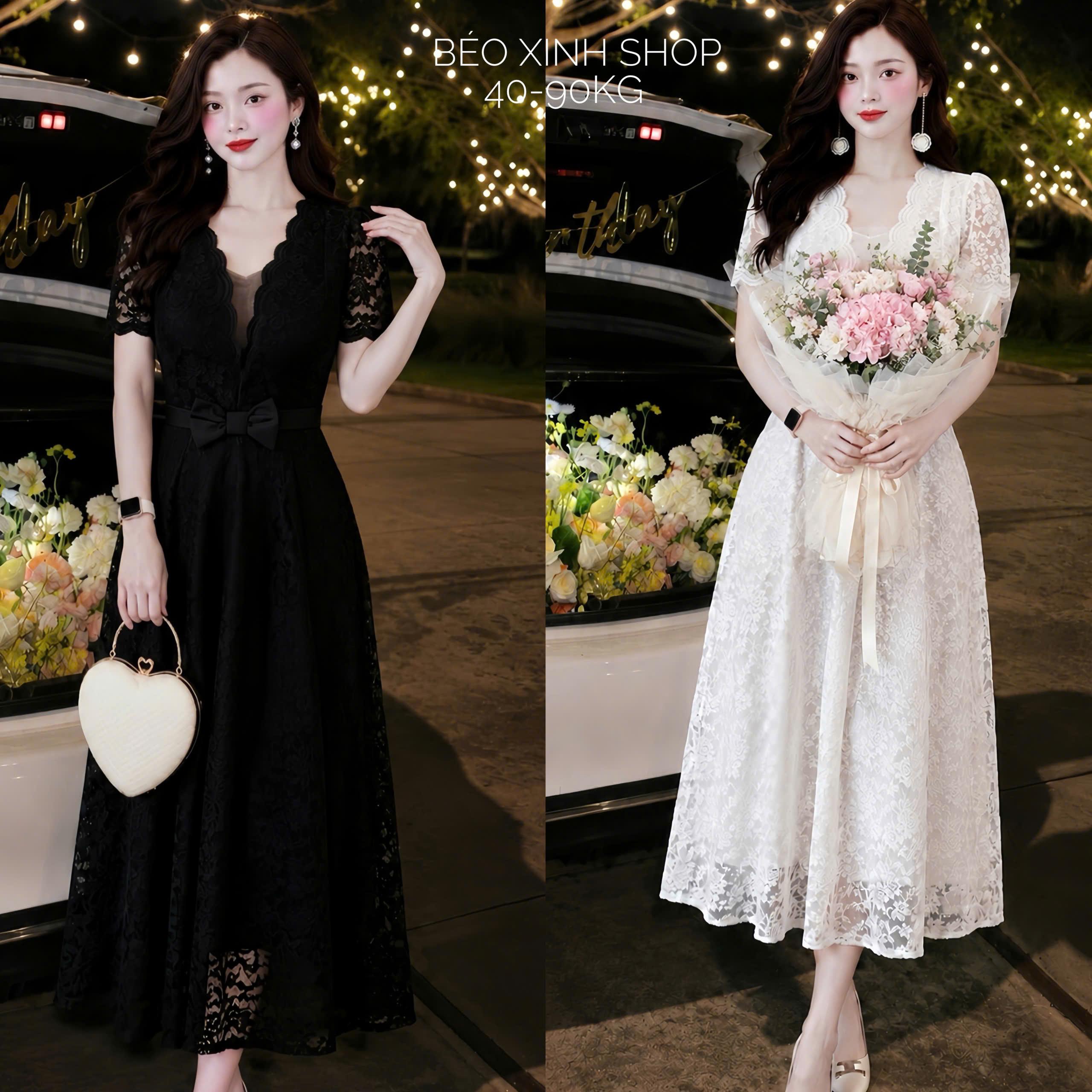 Váy Dài Ren Hoa Tiểu Thư 2 Lớp Phối Nơ, Đầm Dự Tiệc Sang Trọng Size S–2XLThời Trang Nữ Váy Thiết Kế - B.1865