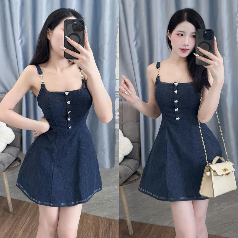 KangStudio - M148 Đầm nữ Váy jean 2 dây phối cúc trái tim - Váy nữ dáng ngắn ôm eo xoè chữ A tiểu thư trẻ trung sang chảnh