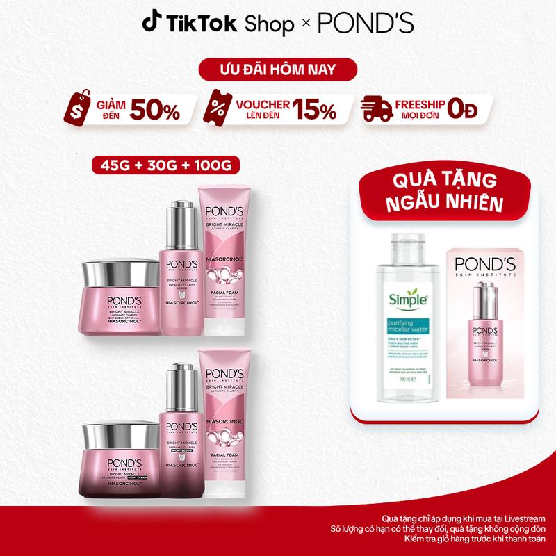 Combo 3 Skincare Serum, Kem dưỡng hỗ trợ dưỡng da ngày/đêm Pond's Bright Miracle hỗ trợ mờ thâm với 50X Niasorcinol và Sữa Rửa Mặt Pond's mới 3X không gây khô da (30G+45G+100G)