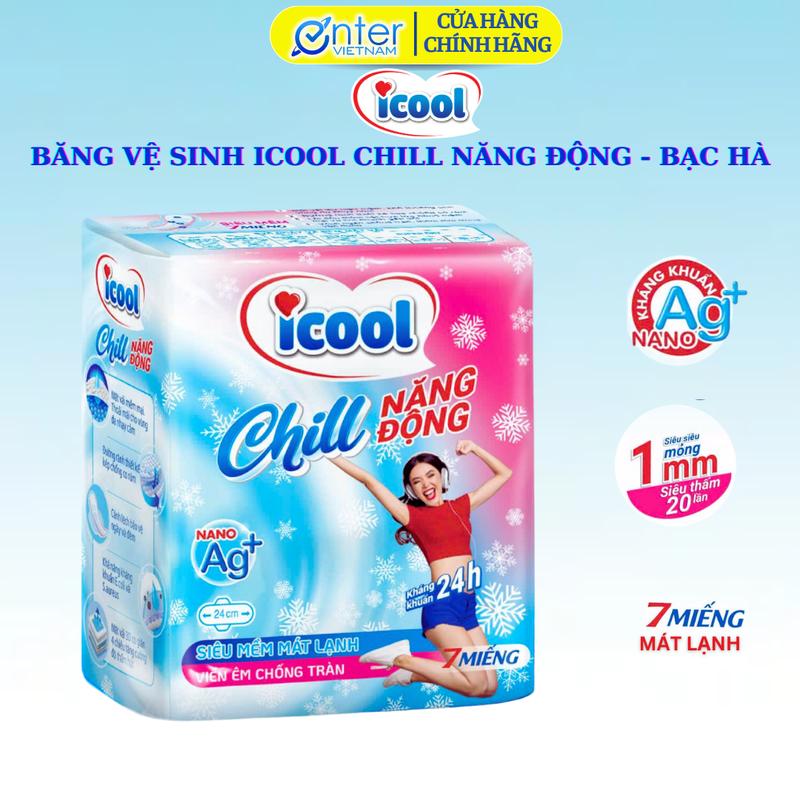 Băng Vệ Sinh ICOOL Năng Động 7 miếng, BVS Ban Ngày MẶT VẢI có Cánh 24cm Bạc Hà Mát Lạnh Kháng Khuẩn Khử Mùi Chống Tràn Hiệu quả Tampon kokomart  tampon Nữ