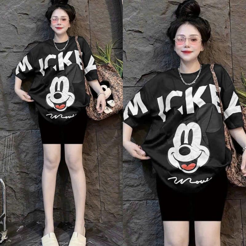 { Chất Liệu Tăm Lạnh QC } Set Đồ Bộ Nữ Dáng Lửng + Áo Fom Rộng In Hoạt Hình Bigsize 45-85Kg Mặc Đi Chơi TOP NU