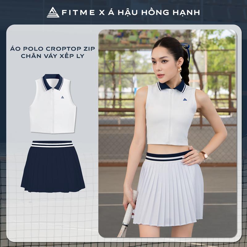 Bộ đồ Pickleball, cầu lông, tennis nữ Fitme ES áo croptop tôn dáng, chân váy xếp ly Trắng Navy năng động có quần bảo hộ