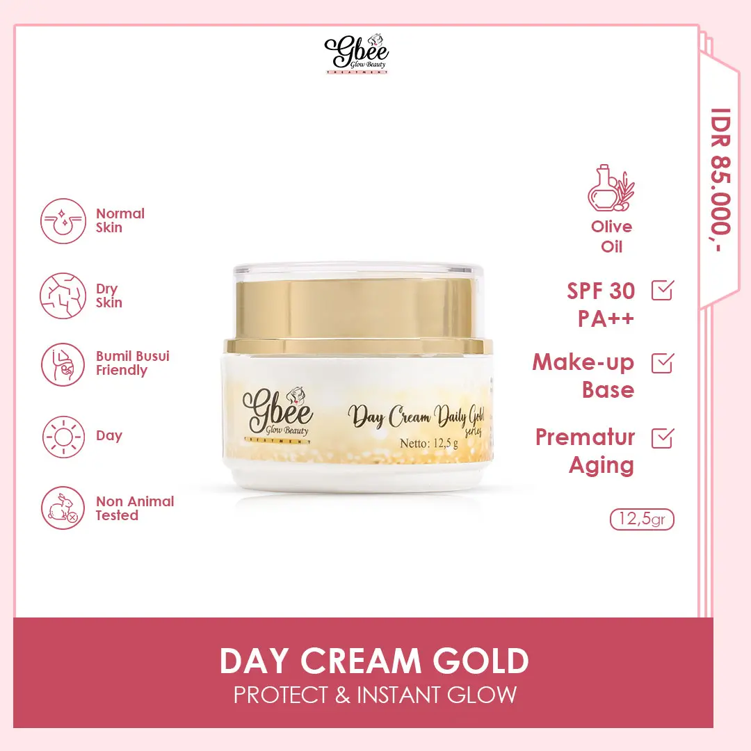 Gbee Glow Beauty Day Cream Gold Series 12,5gr Mengandung SPF 30 PA++ Mencerahkan dan Pelembab Kulit Wajah Remaja