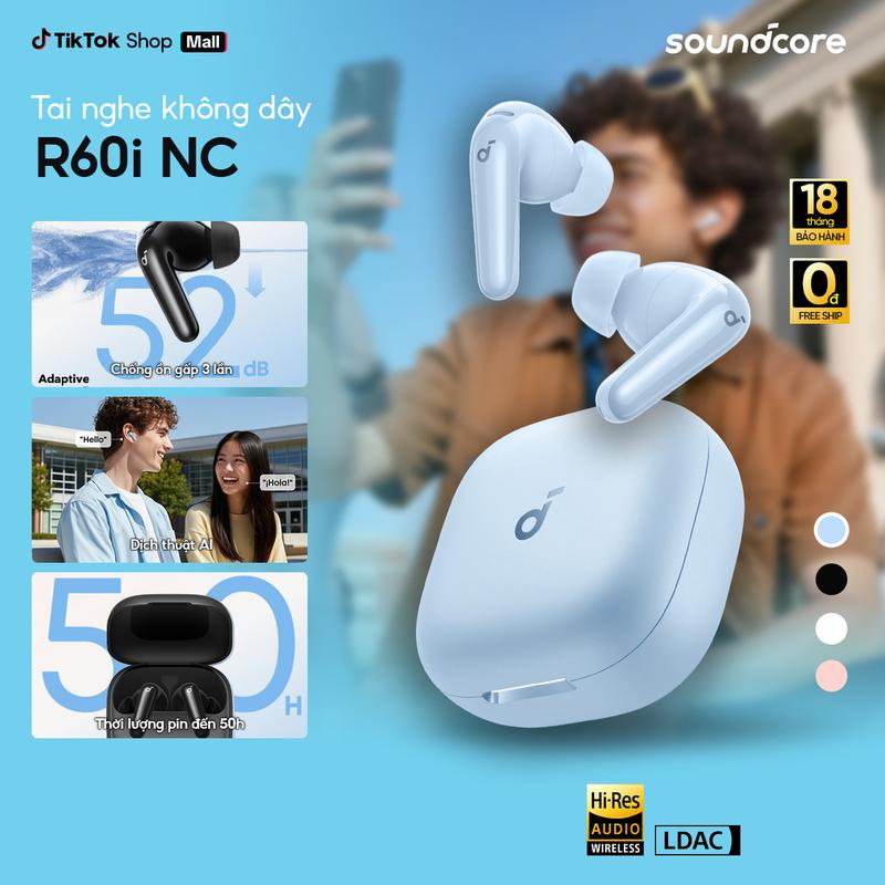 MỚI Tai nghe bluetooth không dây chống ồn Soundcore R60i NC chống ồn ANC | 6 Mic đàm thoại AI| Dịch thuật| 50 giờ phát nhạc- Tai nghe không dây- Tai nghe bluetooth pin trâu- Bảo hành 18 tháng- Hàng chính hãng