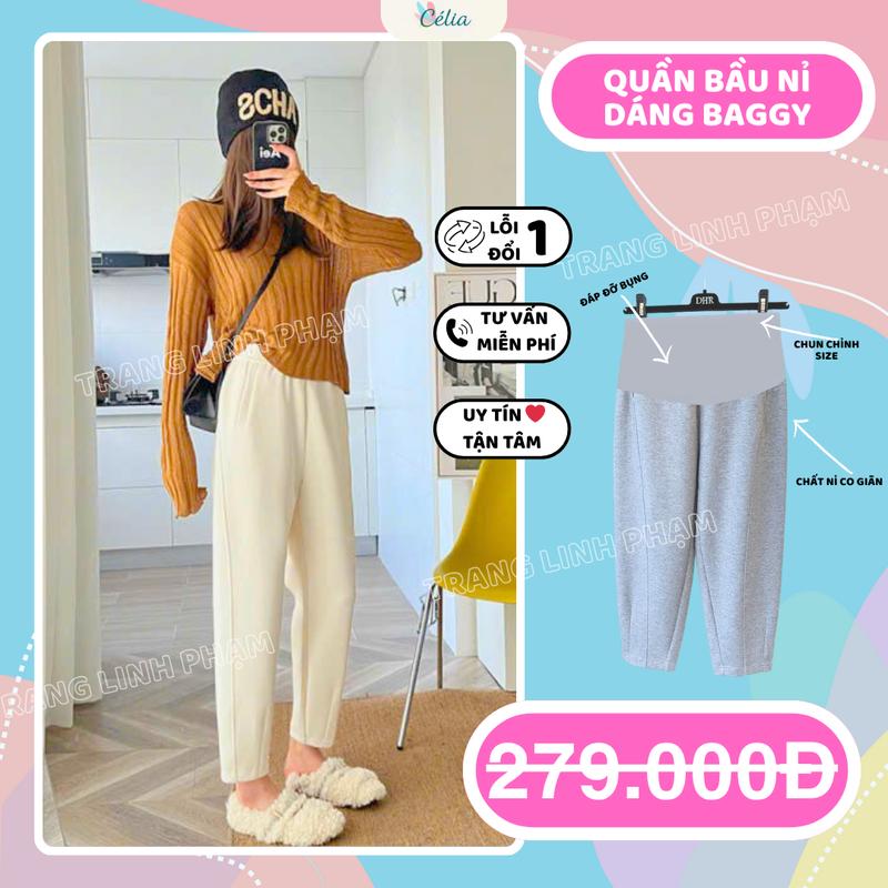 Mới Về Quần Bầu Nỉ dáng Baggy có Đáp đỡ bụng mặc đi làm đi chơi đều được | Chất liệu co giãn không gây khó chịu dưới da có dây điều chỉnh Size