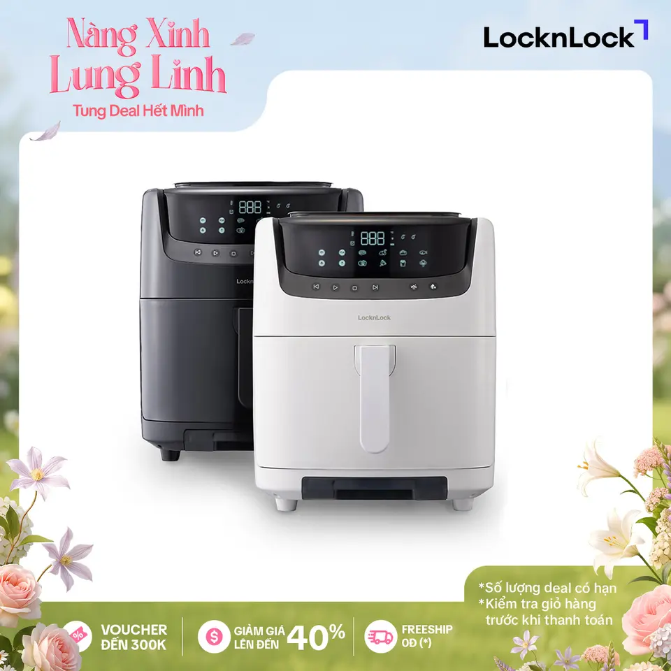 Nồi chiên không dầu kèm hấp LocknLock Steam Air Fryer 7L - màu đen và màu trắng EJF881 - Chiên/Nướng/Hấp - 8 chế độ nấu - Lòng nồi chống dính - Làm sạch bằng hơi nước