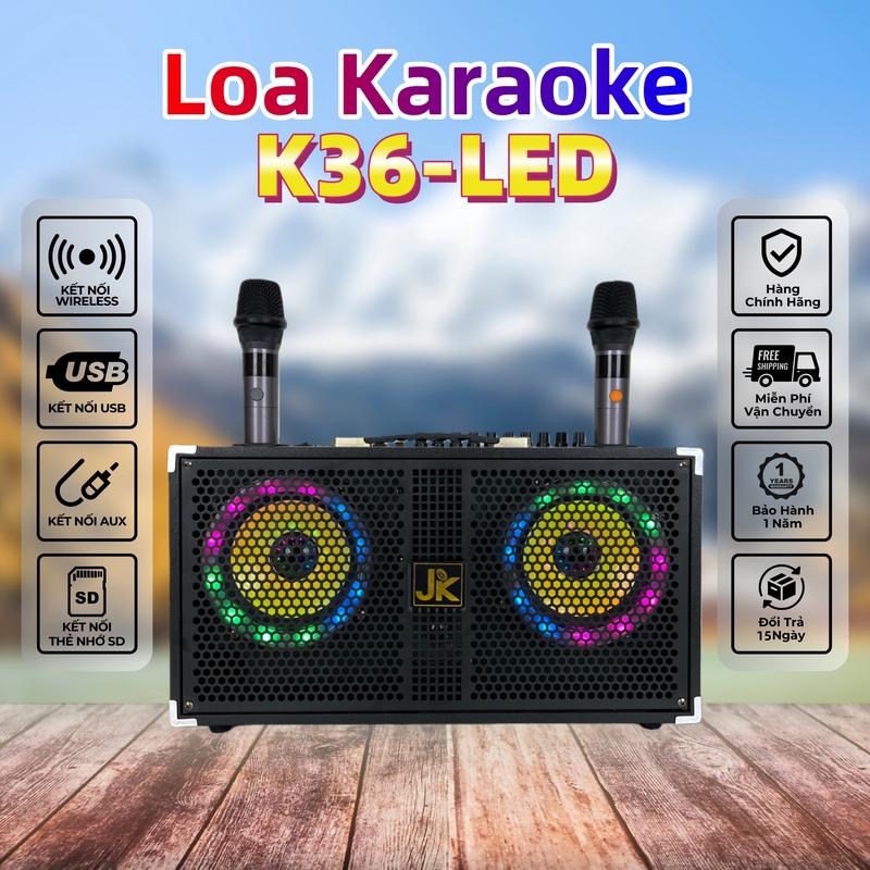 JK BOX Loa Karaoke K36 400W Di Động Nghe Nhạc Xách Tay Bluetooth LED tạo hiệu ứng 8 chế độ Loa ngoài trời Loa gia đình 2 Micro không dây 3 Đường Tiếng - Bass 17cm x 2 Mid x 3 Treble x 1 Bảo Hành 12 Tháng