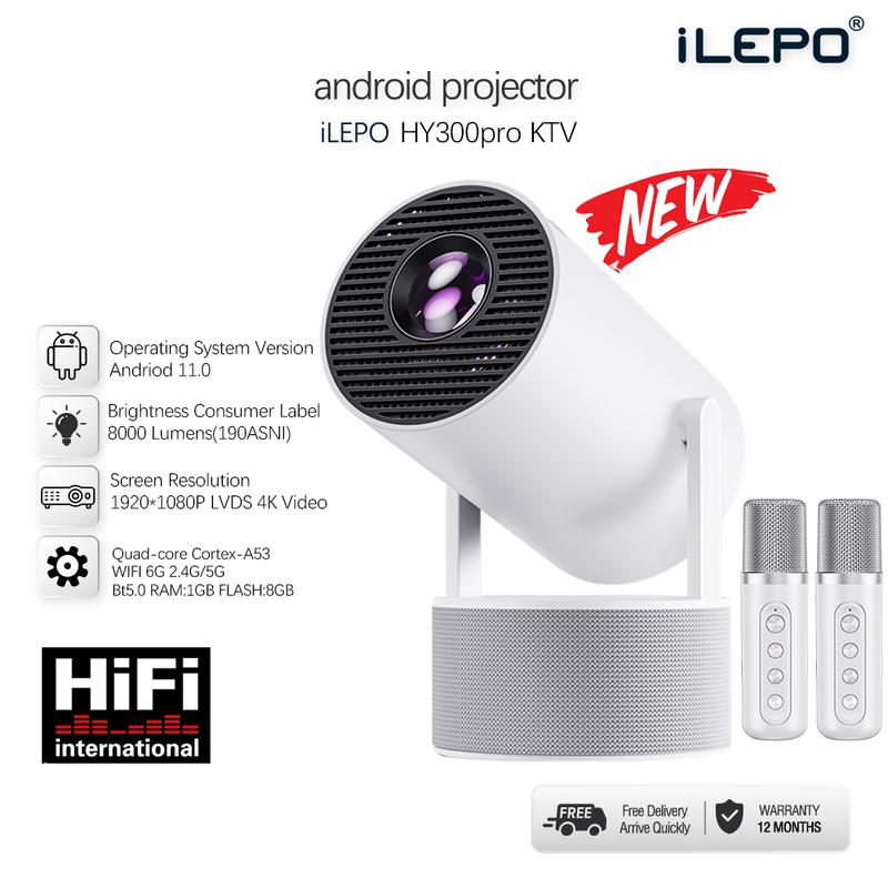  Máy chiếu tích hợp loa và 2 mic để hát karaoke hình ảnh sắc nét Full HD 1080P android 11.0 máy chiếu mini HY300 KTV 