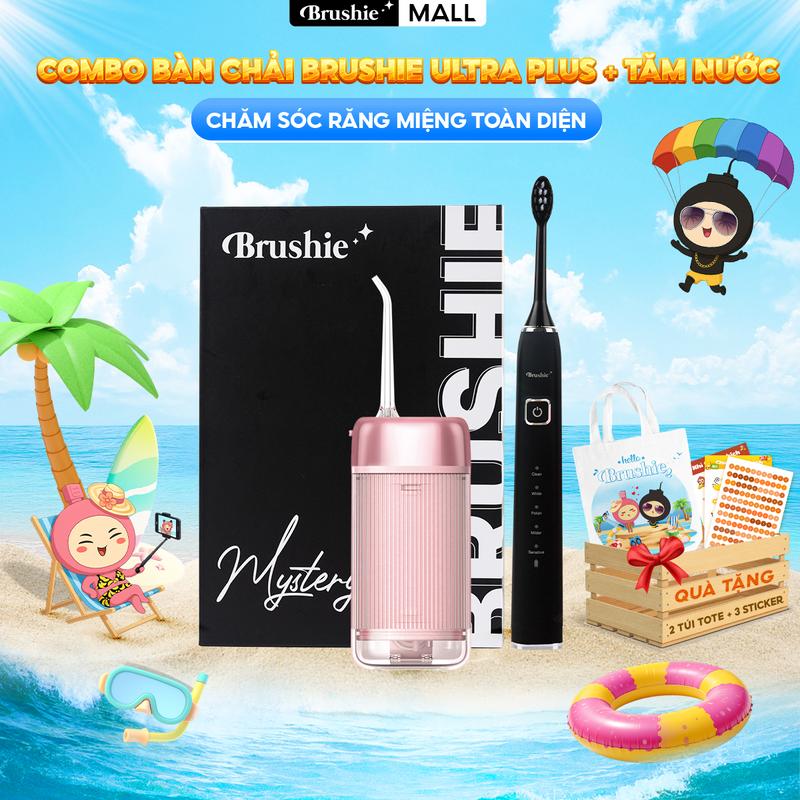 DUY NHẤT TRONG LIVESTREAM Combo bàn chải điện Brushie Plus chính hãng tích hợp đầu rửa mặt và Tăm nước mini Brushie Sonic nhỏ gọn - TẶNG COMBO 3 STICKER + 2 TÚI TOTE ĐI BIỂN + 1 ĐẾ SẠC BRUSHIE