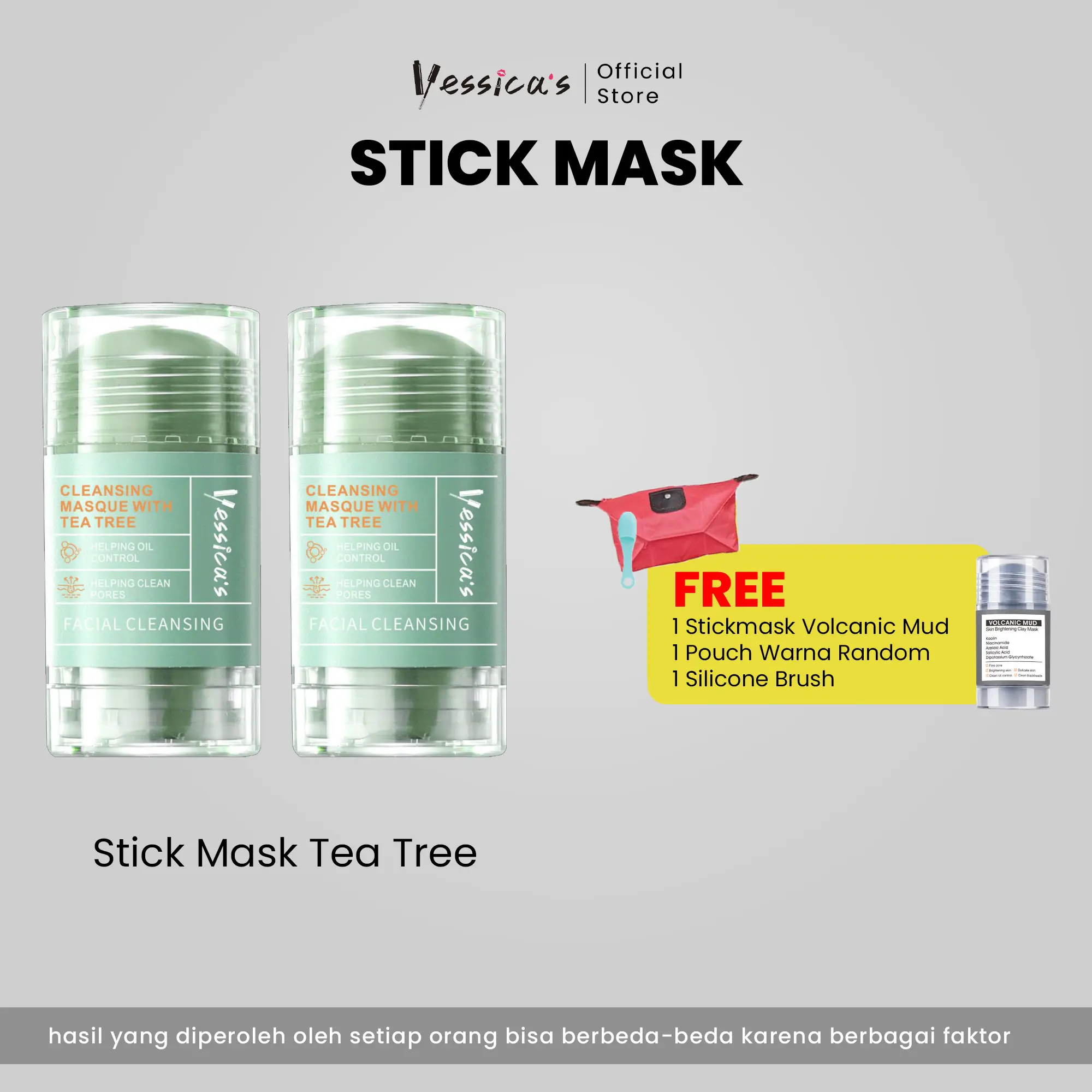 FYC [Special Live Aisar] Yessica's Stick Mask Strawberry dan Tea Tree Bonus Stick Mask Dan Silicone Brush + Pouch