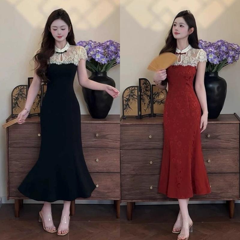  VÁY BODY TIỂU THƯ D234 THUN LADONG PHỐI REN CỔ TÀU phong cách     Đầm body tiệc thun ladong form suông   SIMIHOUSE   