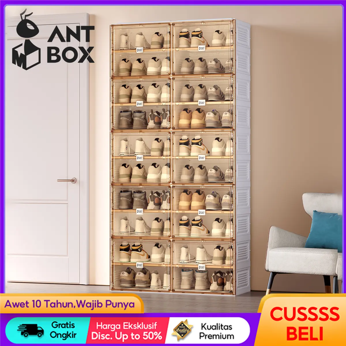 ANTBOX Rak Sepatu 2 Tingkat Transparan -Kotak Sepatu Lipat Minimalis dari Akrilik untuk Penyimpanan Serbaguna tertutup Lemari Sepatu Plastik Anti Debu dan Mudah Bongkar Pasang Kapasitas Besar 10 Susun untuk Rumah dan Kantor kotak penyimpanan serbaguna box