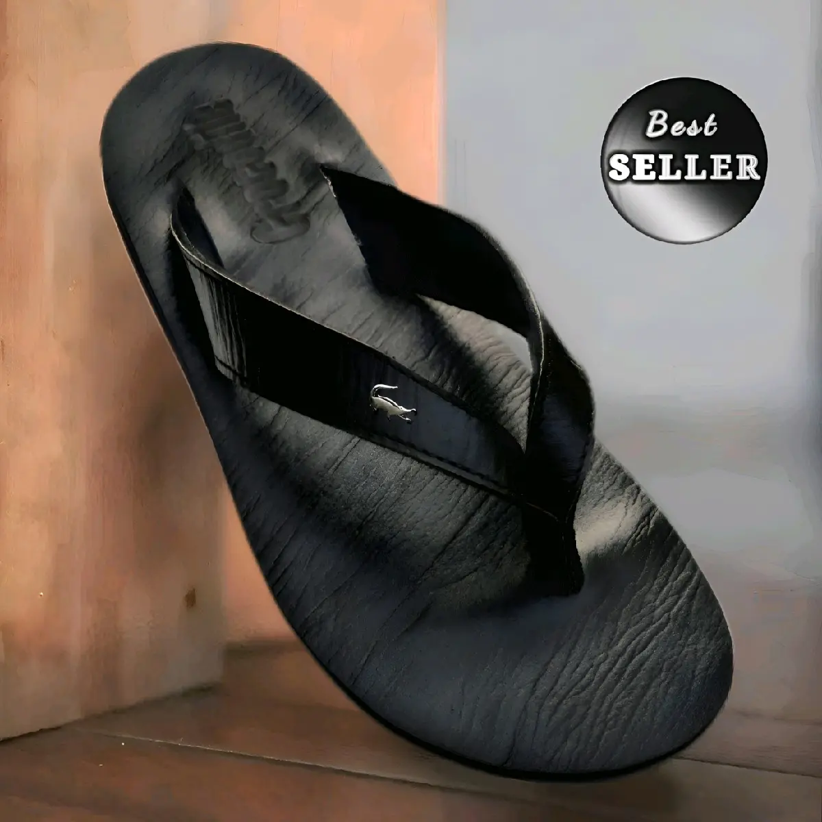 Best Quality - Sandal Jepit Pria Kulit Asli 'Sendal Cowok Kasual Premium Serat Kayu Hitam Premium