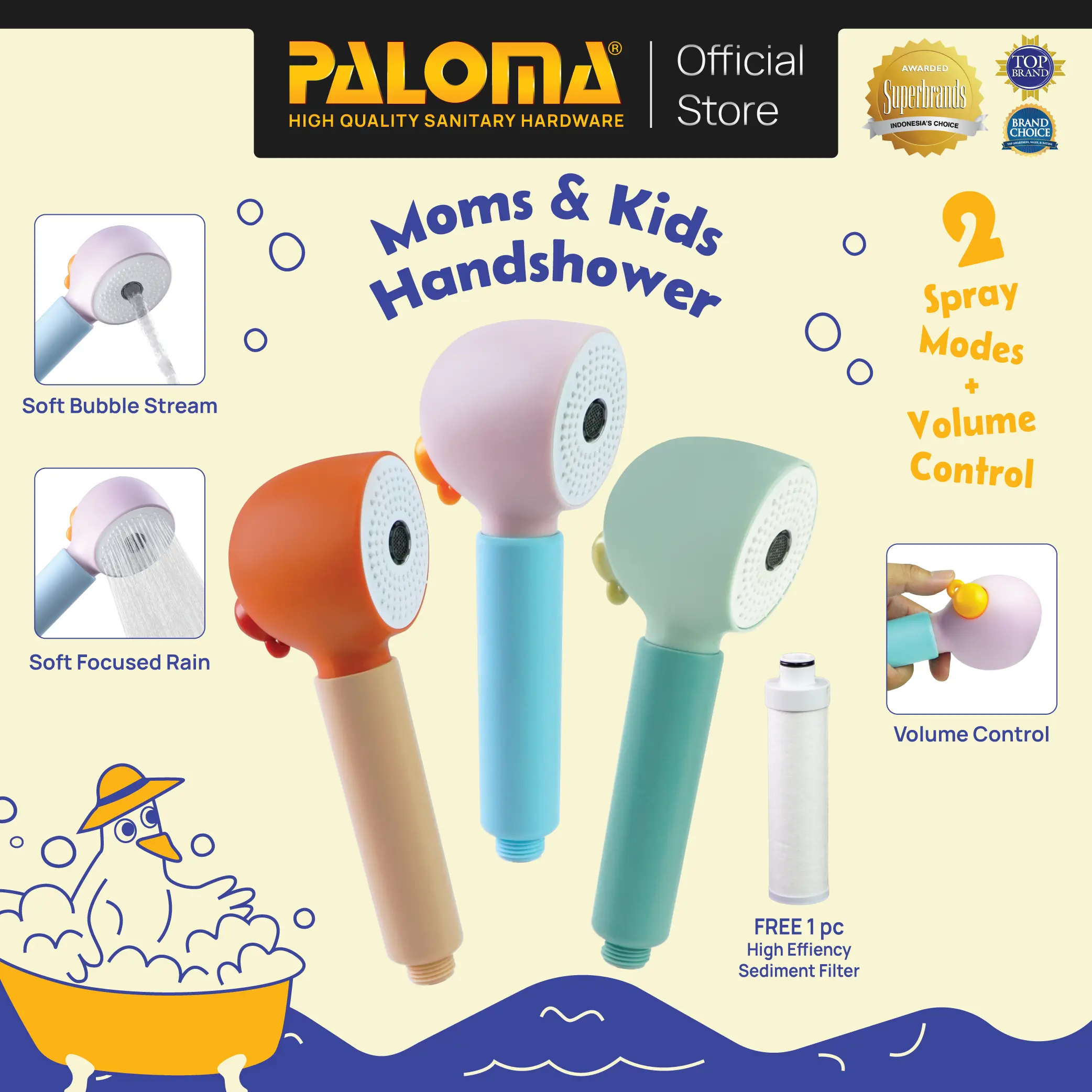 PALOMA Hand Shower Mandi Filter Handshower Moms Kids Babies Head Shower Kepala Shower Genggam Ibu Anak Bayi Saringan Air Sower 2 Mode ABS Pink Blue Green Red Cream Biru Hijau Merah Krem HSP 2201LG HSP 2201PB HSP 2201RC