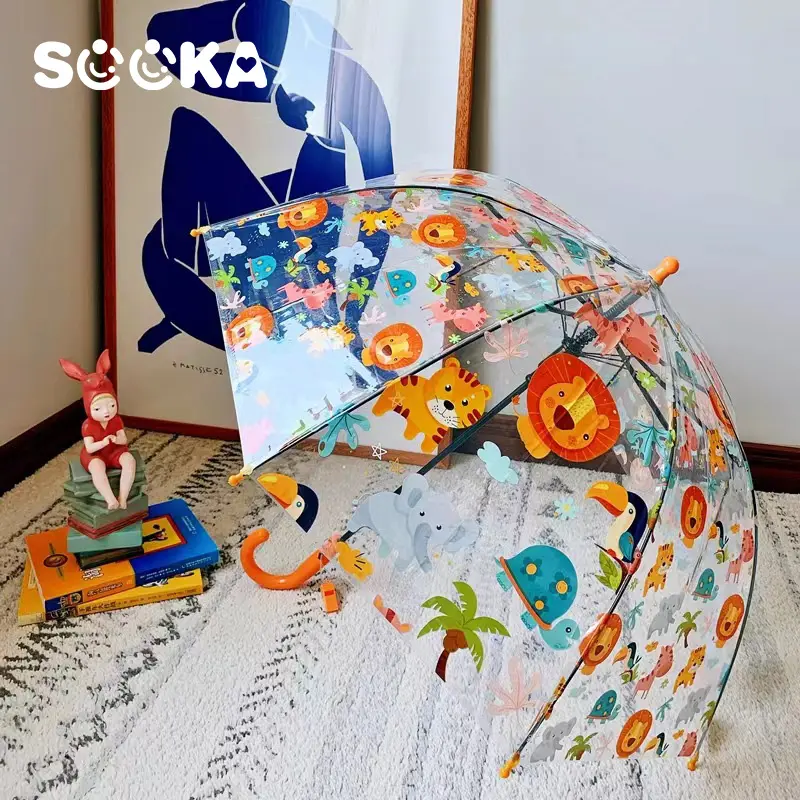 Ready.. HAYYLIFE Payung Transparan Anak-Anak Payung Transparan Anak Laki-laki dan Perempuan ,motif Singa Dinosaurus ,Kartun Payung Ringan Lucu Melengkung Payung Kecil Otomatis SK-AGF1127 2