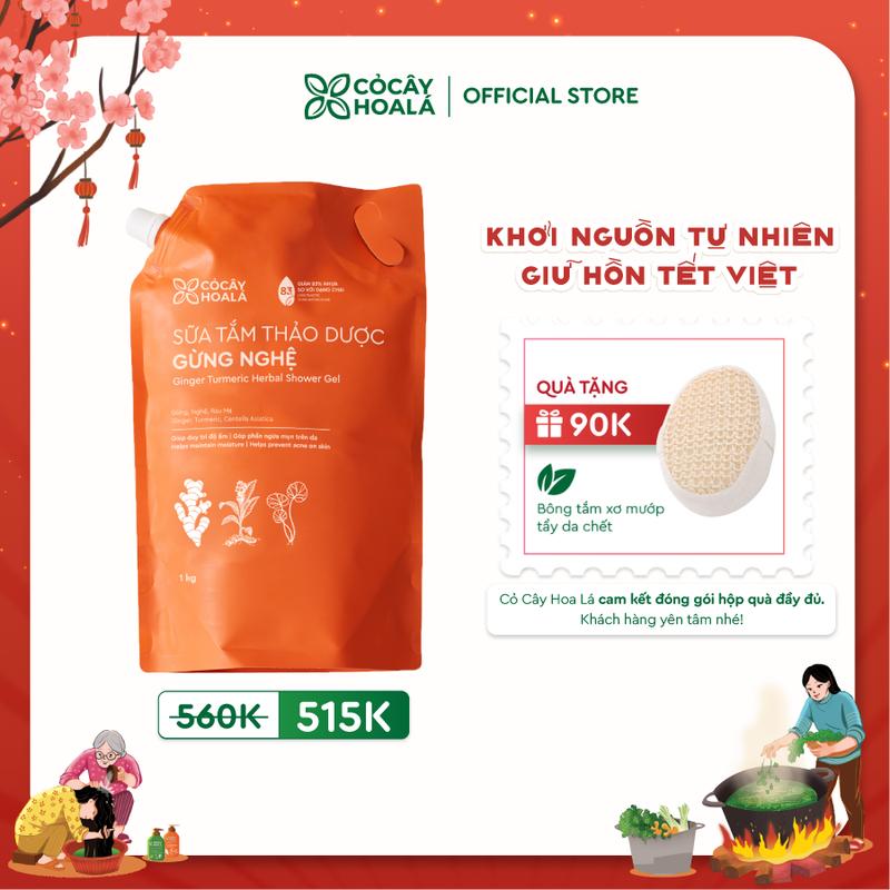  Sữa Tắm Thảo Dược Gừng Nghệ Cỏ Cây Hoa Lá - Túi Refill 1000g - Tặng Bông Tắm Xơ Mướp Cỏ Cây Hoa Lá 