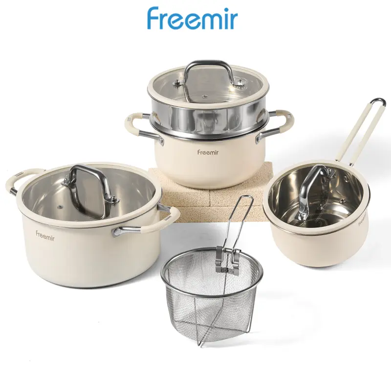 [LIVE] freemir Set Wajan Stainless 304 & 201 Food Grade Anti Karat BONUS KOMPOR LISTRIK 9 Pcs Beige 22/20/20/16/15cm Wajan Anti Lengket Alat Masak Penggorengan Lengkap Masak Gulai Kitchenware 7