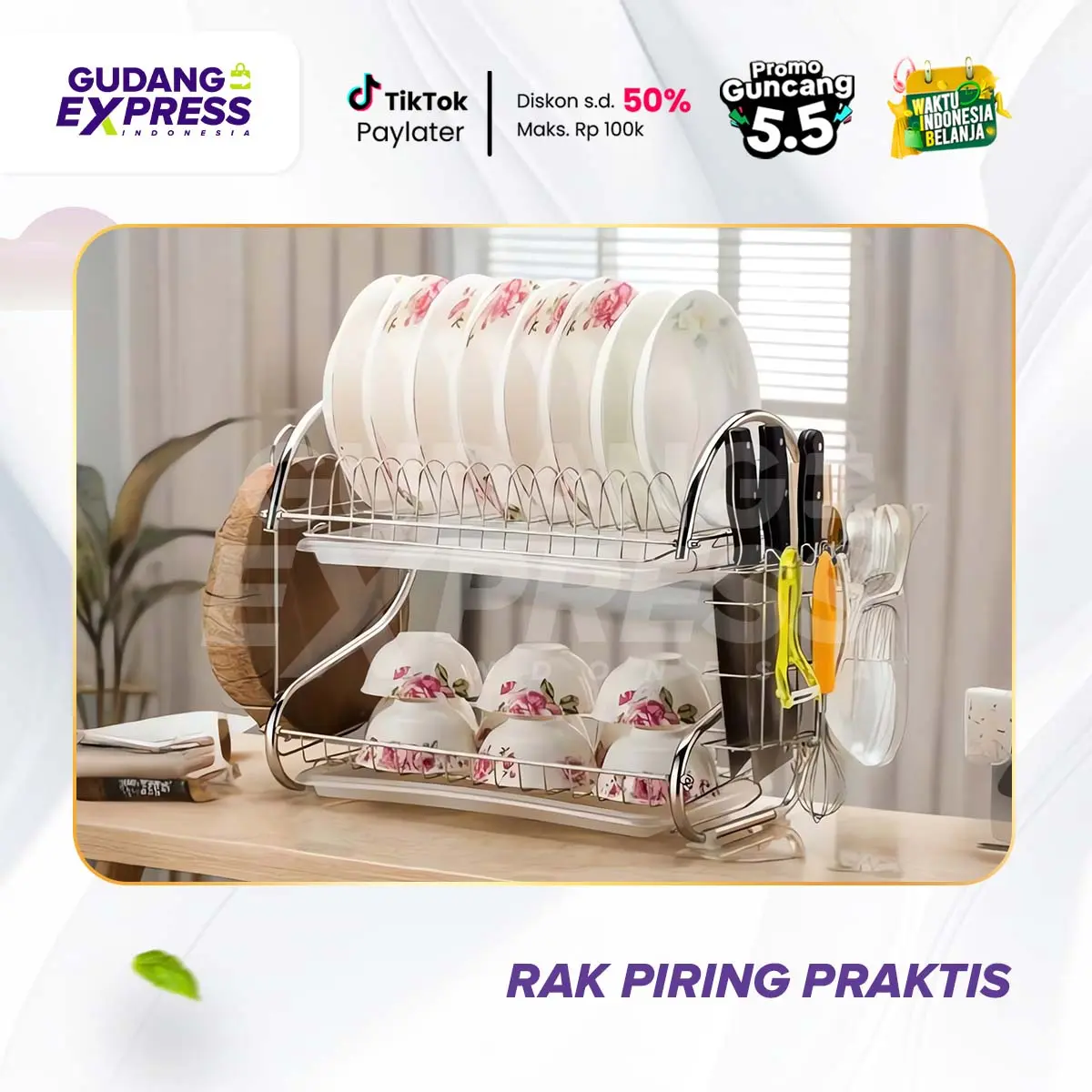 GEI - Rak Piring Model Leher Angsa Stainless Steel 2 Susun + Wadah Peralatan Makan & Gelas