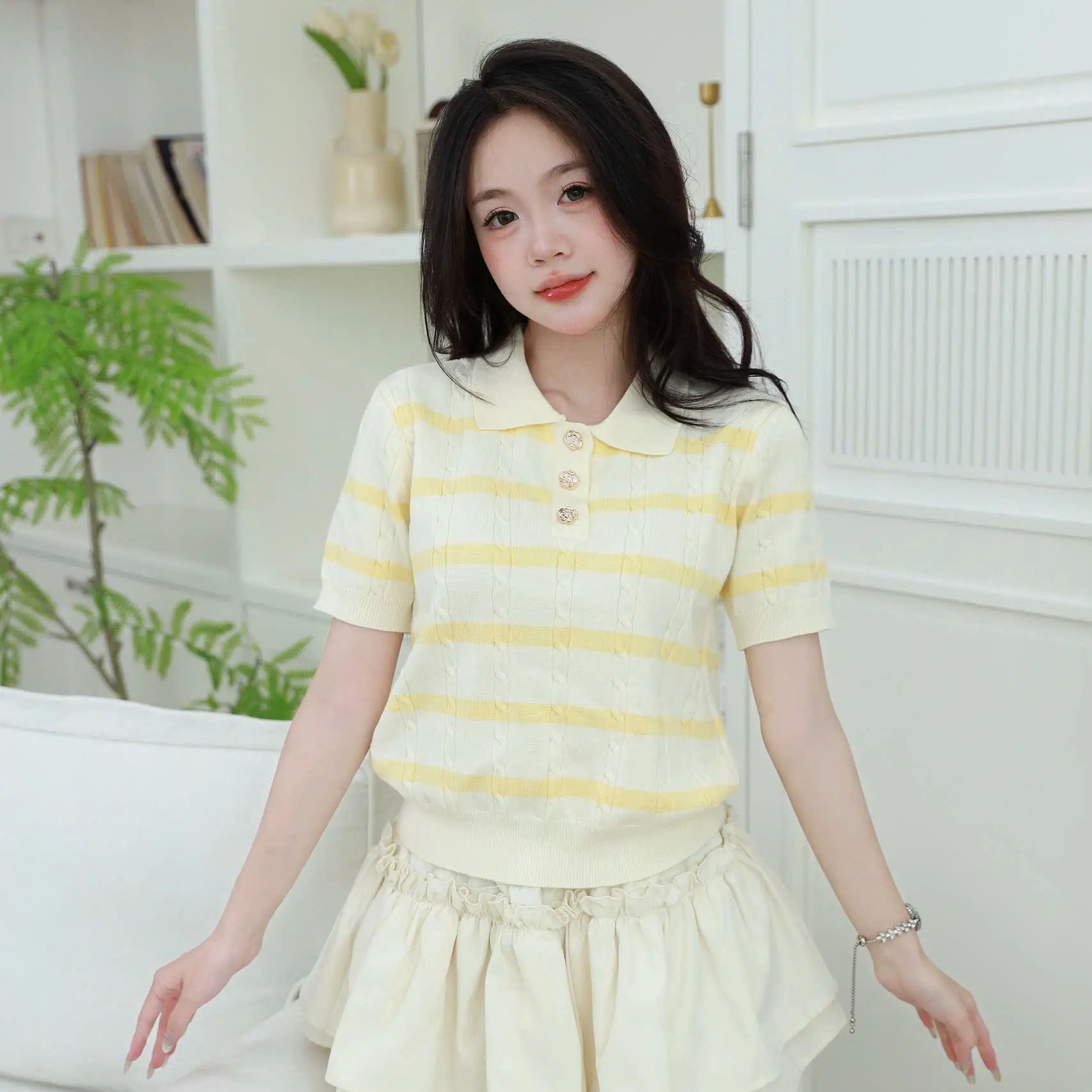 (Deal Mở Bán) BST Hè 2025 Áo Len Dệt Kim Hè 2 Màu Phối Cúc Vàng Đồng Bông Hoa, Kết Hợp Kẻ Ngang Phù Hợp Đi Làm,Đi Chơi,....  M09-TINOZA | BigBuy360 - bigbuy360.vn