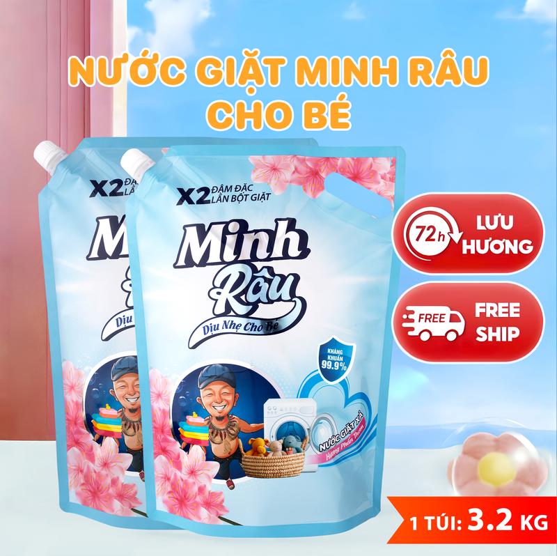[HÀNG CAO CẤP] Combo 2 Túi Nước Giặt Xả hương Phấn Thơm cho Bé hàng cao cấp, Nước giặt xả Minh Râu 3.2kg/1 túi Lưu Hương Thơm Lâu trên từng sợi vải dịu nhẹ an toàn cho da nhạy cảm của bé và làm sạch với em zym sinh học/ Làm Bền Màu Quần ÁO T5