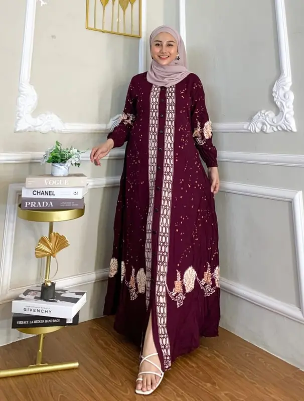 Naya Batik - Gamis Twill Ori Pekalongan Cap Malaman Motif Bukan Sablon Dress Muslim Wanita Tanpa Rempel Lengan Karet Full Kancing Tali Samping 3