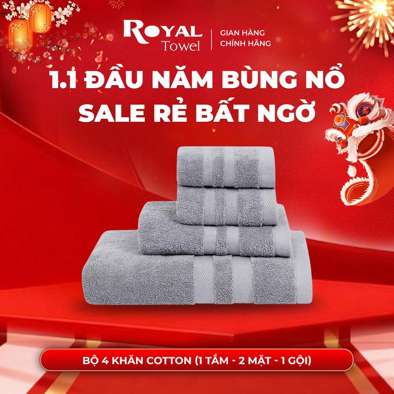  Combo 4 "đủ đầy" gồm 2 khăn mặt - 1 khăn gội - 1 khăn tắm ROYAL TOWEL Cotton dày dặn thấm hút không đổ lông không ra màu 