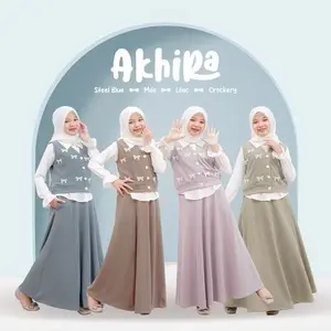 VIORA - Setelan Baju Muslim Anak 3 in 1 Set Rok Premium Usia 8 Sampai 14 Tahun Gamis Set Inner Akhipa Steel Blue Miso Lilac Crockery
