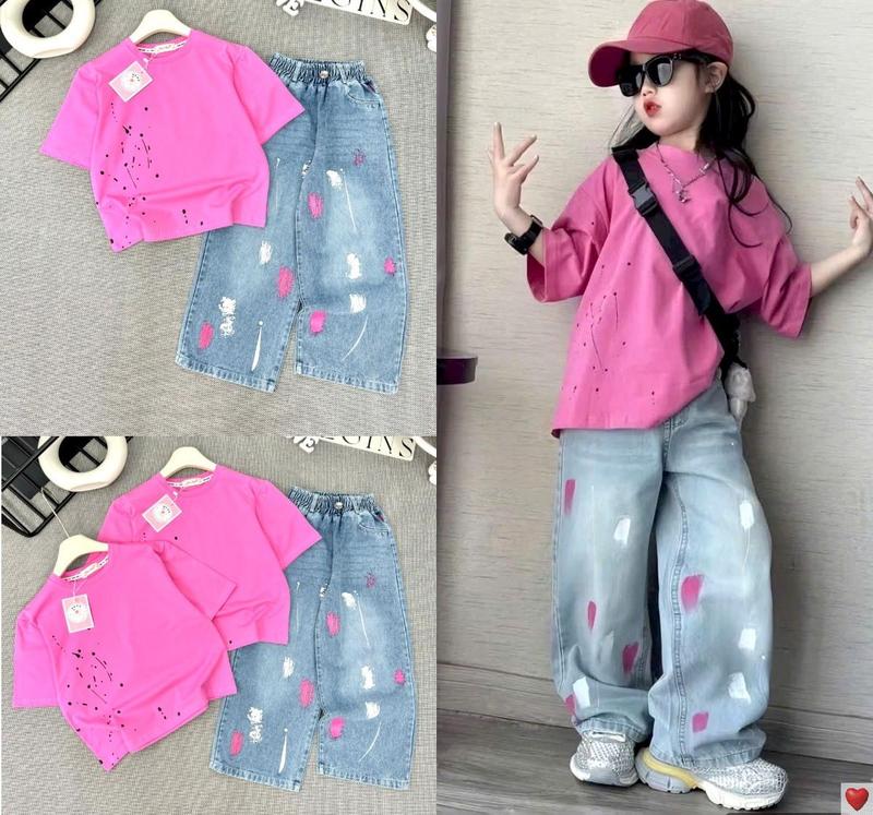 MinMinKid2 21-52kg dưới 1m6 Set áo thun cotton phối quần jean dài VẨY SƠN cho bé gái diện đi học đi chơi