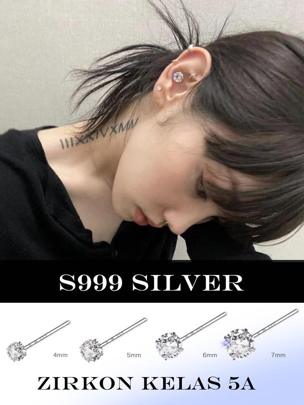 EAR PARTNER-999 SILVER Anting-anting perak murni untuk wanita dengan penjagaan lubang telinga, anting-anting dengan berlian, anting-anting tusuk yang elegan dengan perasaan tingkat tinggi, aksesori telinga untuk tidur tanpa dilepas. 1