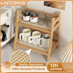 LACCOHUG Rak Simpan Permukaan Rotan Bambu Kokoh, Dua Lapisan Hemat Ruang, Penyimpanan Serbaguna untuk Meja Dapur & Kamar Mandi, Ideal untuk Rumah Kecil