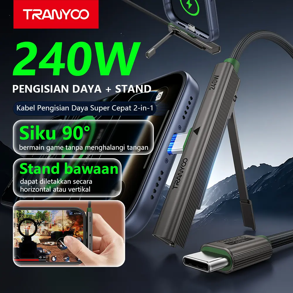 TRANYOO CC-10 kabel data fast charging 240W dengan stand tersembunyi, kabel 2-in-1 + penyangga ponsel, desain siku 90°, mendukung iPhone Lightning / Samsung Type-C / Android, cocok untuk gaming, kerja, dan penggunaan di mobil