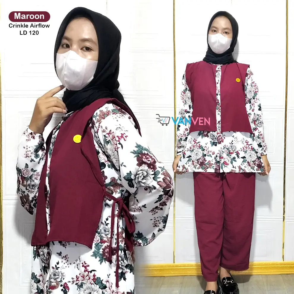 VANVEN - One Set Rompi Wanita Jumbo Motif Bunga Setelan Baju Celana Bahan Crinkle Airflow