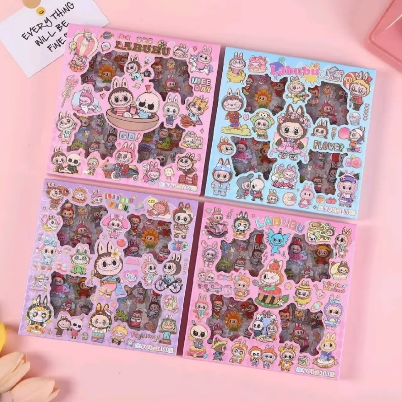 Stiker labubu 1 Box 100 pcs/ 1 BOX 100 PCS) STICKER AESTHETIC LUCU TRANSPARANT ANTI AIR MOTIF LABUBU / STIKER TEMPEL LABUBU