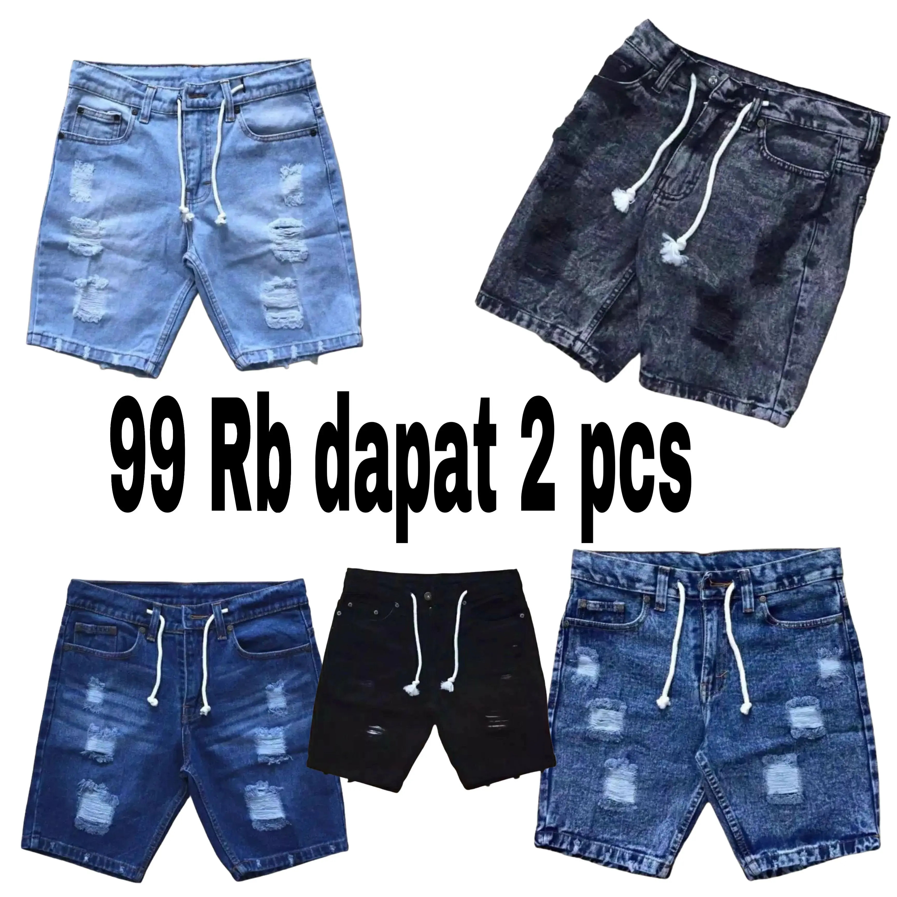 Paket Celana Sobek Jeans Pria Dewasa 2pcs - Harga 100rb - Shorts, Panjang Cowok Denim Pendek