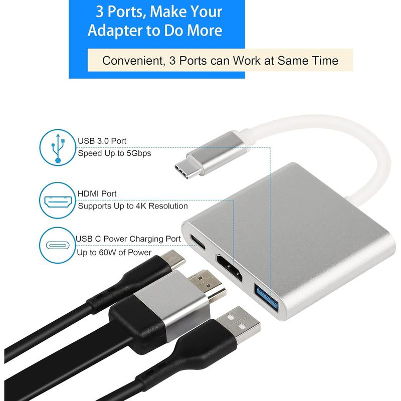 Bộ Chuyển Đổi đa cổng USB C sang HDMI, Bộ chuyển đổi đa cổng loại C 3.1, Đầu ra HDMI 4K Thunderbolt 3 sang, Cổng USB3.0 và cổng sạc USB C, Bộ chuyển đổi đa cổng kỹ thuật số USB C 2