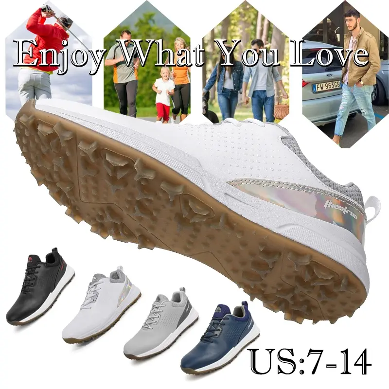 Large Waterproof Leather Golf Shoes for Men Spikeless Outdoor Golf Sport Training Sneakers Classic Mens Golf Trainers Non-slip Fixed Cleats Shoes Size 13 14