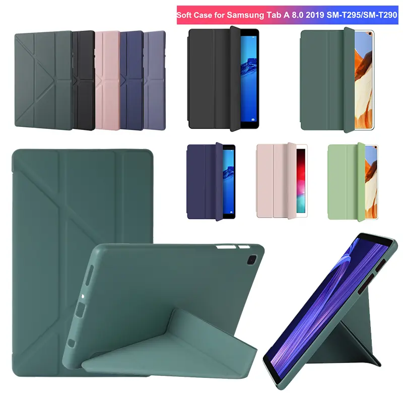 Ốp Mềm, Samsung Tab A 8.0 2019 8 inch, Mẫu SM-T295 SM-T290, Bao Da Lật, Chân Đế Dọc, Vỏ Bảo Vệ Gấp 3 Mỏng