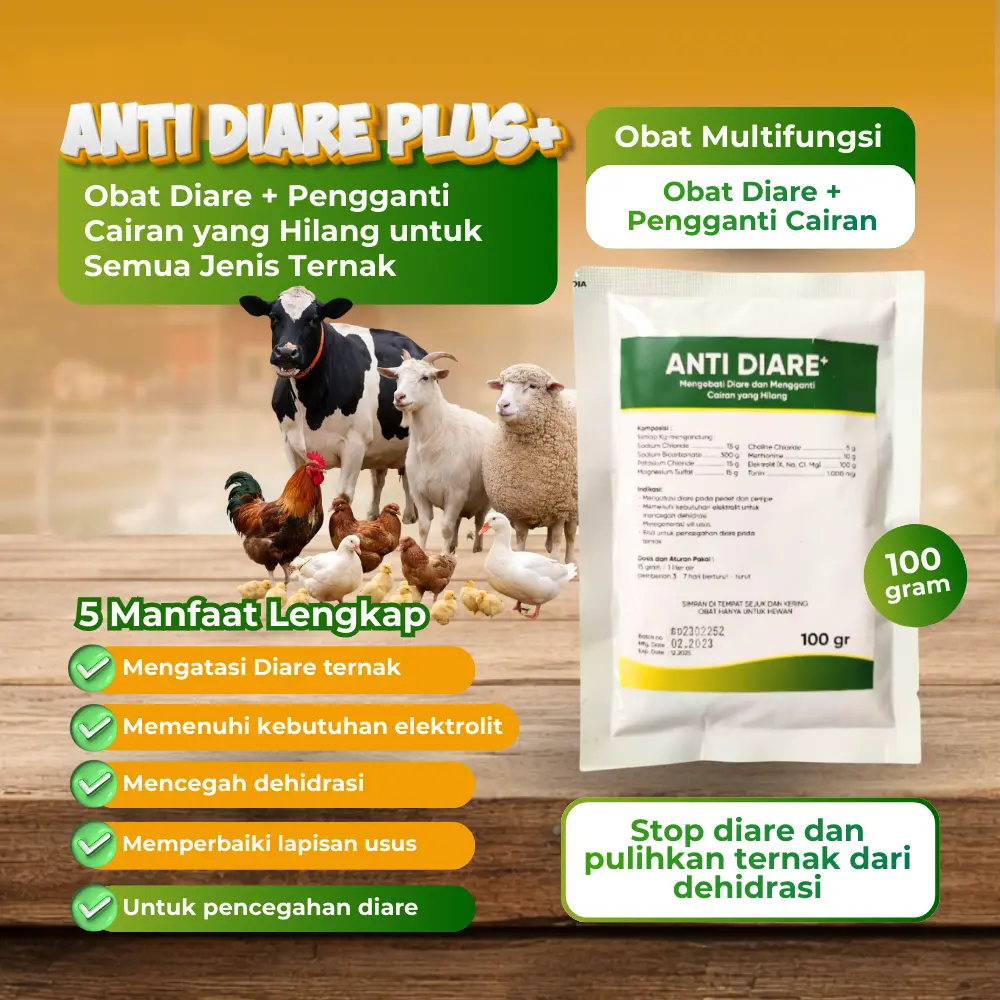 Anti Diare+ 100 gram - Obat Mencret Ayam - DOC -  Untuk Pedet - Obat Mencret Cempe - Obat Mencret Ternak - Obat Mencret