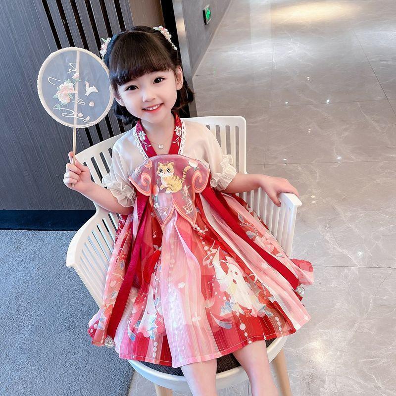 Váy Hanfu Cho Bé Gái, PippiKids, Phong Cách Trung Quốc Mới, Váy Công Chúa Thêu Hình Mèo, Quần Áo Trẻ Em