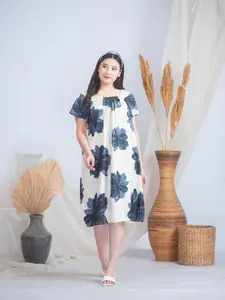 Daster Kerut Dada  Fuji Daster Wanita Panjang Selutut Daster Tidur Busui Hamil Ibu Bumil Katun Lengan Lonceng Dress Rayon Motif hits