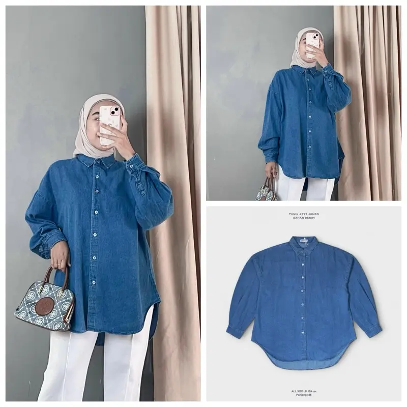 Anyostore AT77 Atasan Kemeja Jeans Oversize Wanita Jumbo Bahan Denim 4