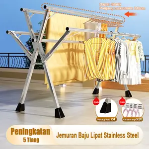 【5 Tiang】Jemuran Baju Lipat Stainless Steel Jemuran Pakaian 160-240cm Tempat Jemuran Baju Jemuran hanger Portable  Jemuran Pakaian Outdoor / Indoor Bebas Instalasi
