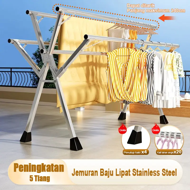 【5 Tiang】Jemuran Baju Lipat Stainless Steel Jemuran Pakaian 160-240cm Tempat Jemuran Baju Jemuran hanger Portable  Jemuran Pakaian Outdoor / Indoor Bebas Instalasi