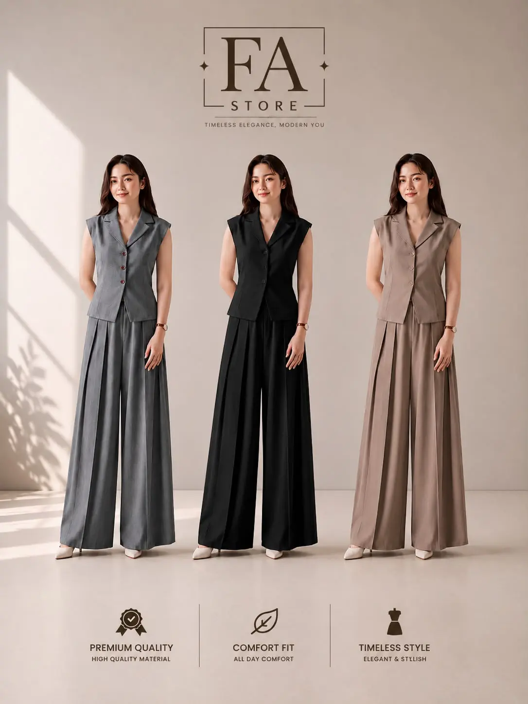 VIRAL Setelan Vest & Kulot Wanita Premium | Loose Pants Korean Style | Celana Kulot Panjang High Waist | Outfit Kerja Kantor Casual Elegant | FA Store